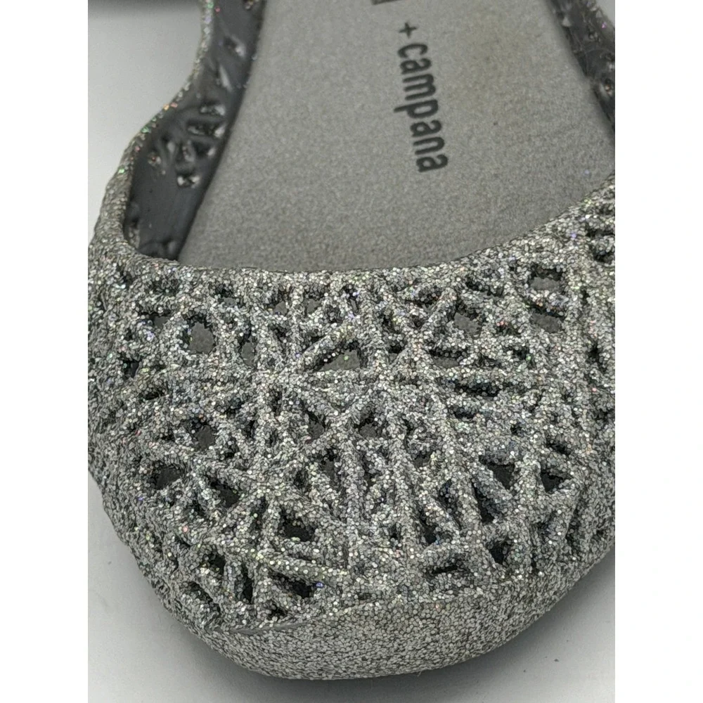 MELISSA CAMPANA ZIG ZAG IV SILVER GLITTER SLIPPERS GIRLS SIZE 2
